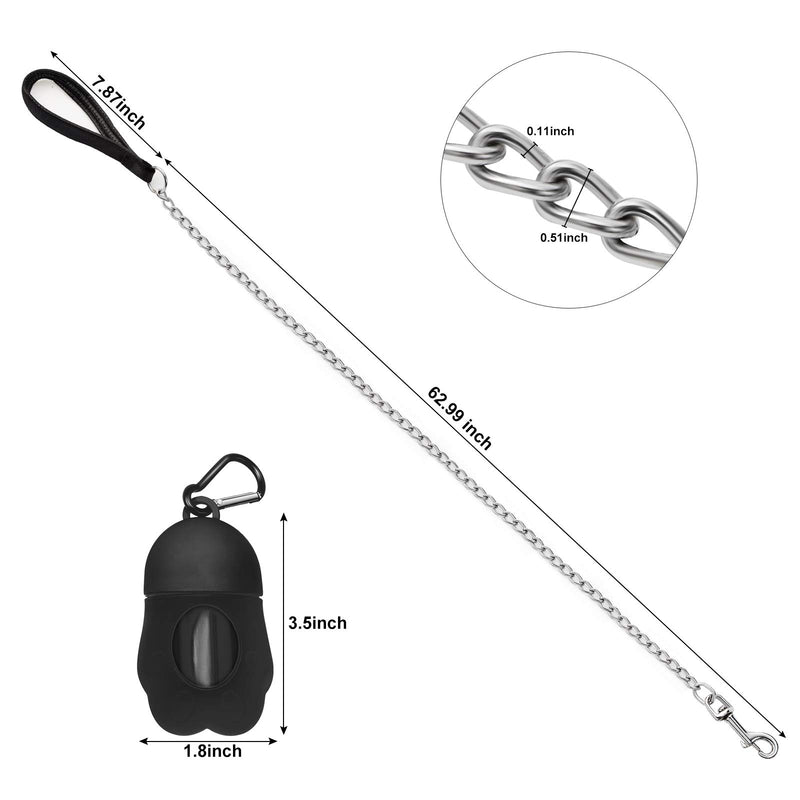 [Australia] - 6 Feet Metal Chain Leash Heavy Duty Dog Leash with Dog Waste Bag Holder, Basic Leash with Padded Handle, for Walking,Traffic Training and Traveling for Large and Medium Size Pets Black 