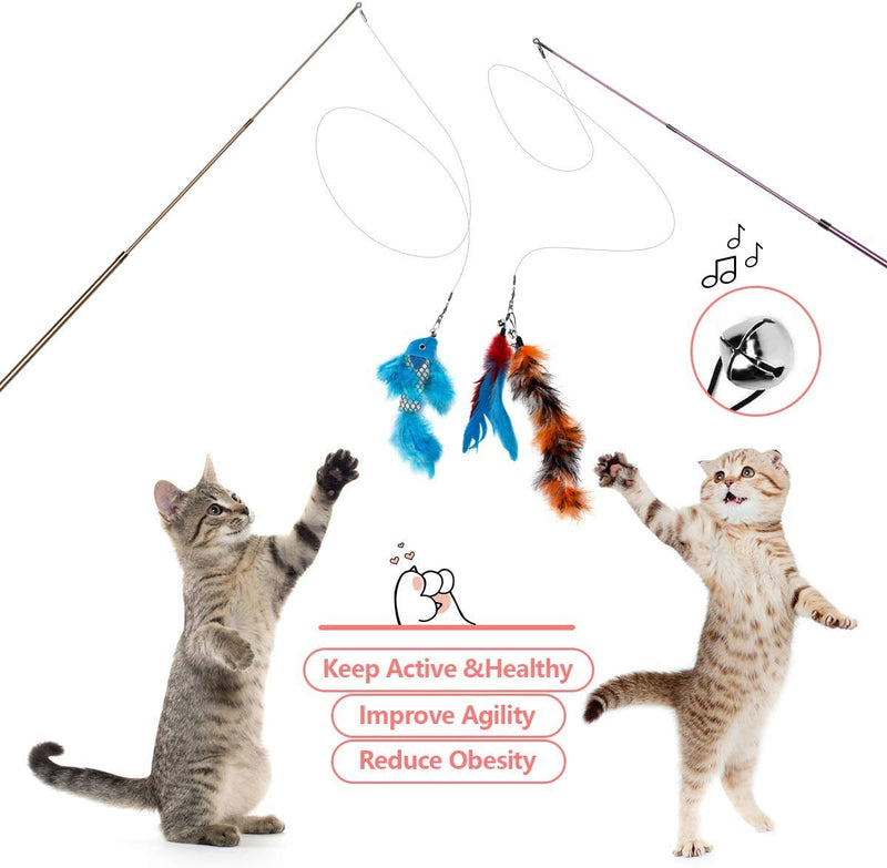 Bojafa Cat Toys Kitten Toys with 2 Retractable Teaser Wand,13 Pcs Feather Refills, Cat Feather Toys for Indoor Cats Kitty Interactive Training b - PawsPlanet Australia