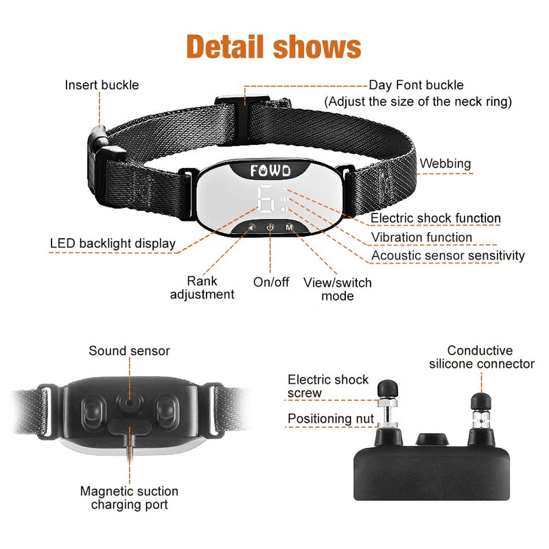 Dog Barking Collar,Newest Humane Control Anti Barking Collar for Dogs , 7 Adjustable Sensitivity and Intensity with Shock ,Smart Safe Waterproof Dog Bark Collars for Small Medium Large Dogs no Remote black white - PawsPlanet Australia