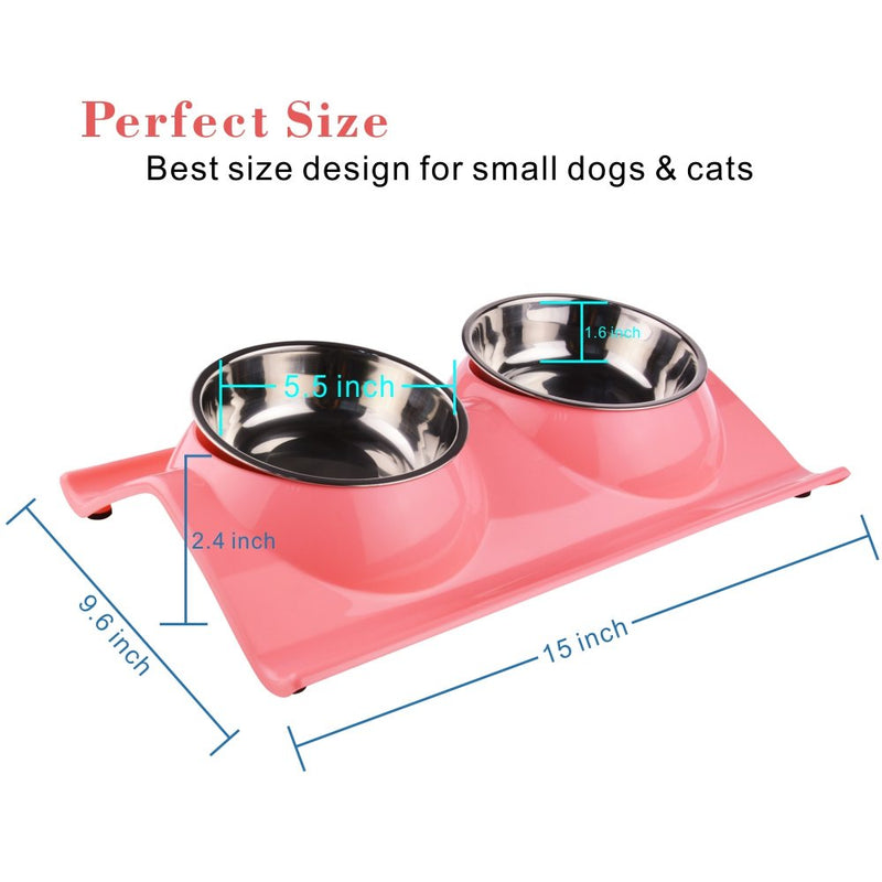 Pet Dog Bowl Food Water Dish Feeder Bowls Double Stainless Steel Cat Puppy Bowls No spill & No Skid for Small Animals (Pink) Pink - PawsPlanet Australia