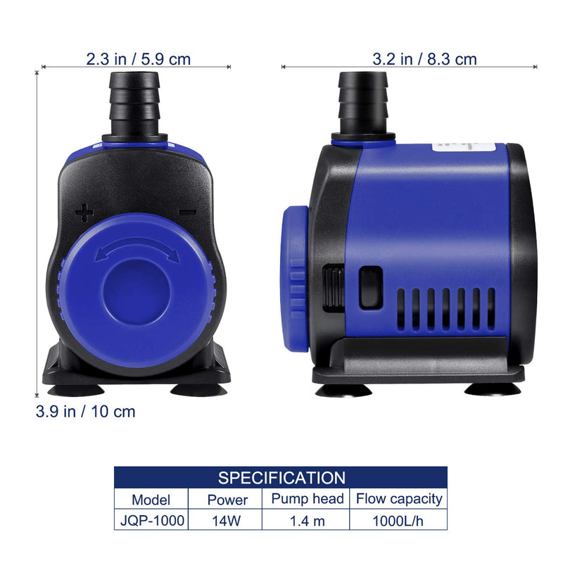 [Australia] - UEETEK Submersible Pump(1000L/H, 14W) Adjustable Ultra Quiet Water Pump for Aquarium, Fish Tank, Pond, Statuary, Hydroponics 