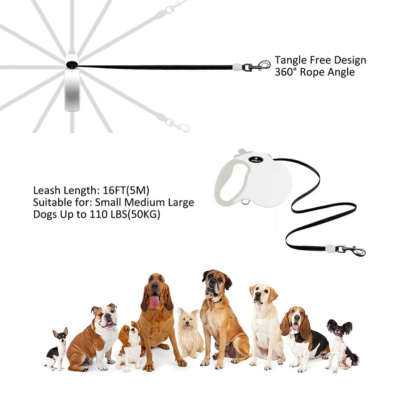 PHILORN Retractable Dog Leash, 16.4 ft Heavy Duty Dog Walking Leash, Tangle-Free Reflective Nylon Tape Lead with Anti-Slip Handle, One-Handed Brake Extendable Pet Leash Medium White - PawsPlanet Australia