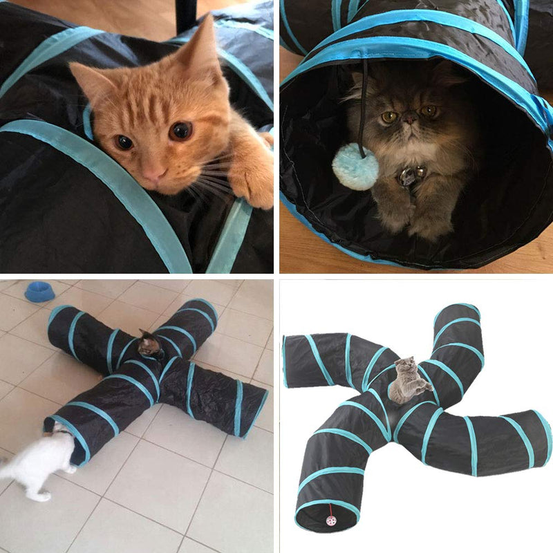 Lightweight Collapsible 5 Way Cat Tunnel with Pompom and Bells,Interactive Crinkle Pop Up Maze House Toy for Cat,Small Rabbits,Kittens,Puppy, Ferrets, Guinea Pig (4 way S-shape, Blue/Black) 4 way S-shape Blue/Black - PawsPlanet Australia