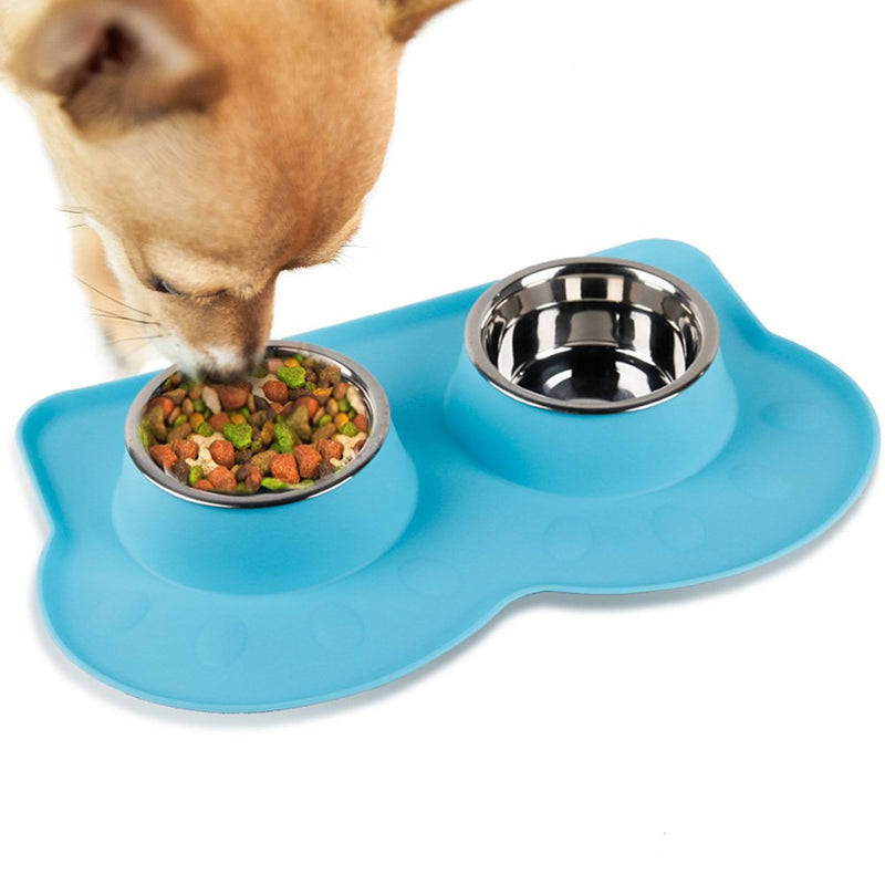 [Australia] - PAWISE Dog Bowls Double Stainless Steel Bowls with Non-Skid Removable Silicone Mat Cat Bowls (Color Random) 
