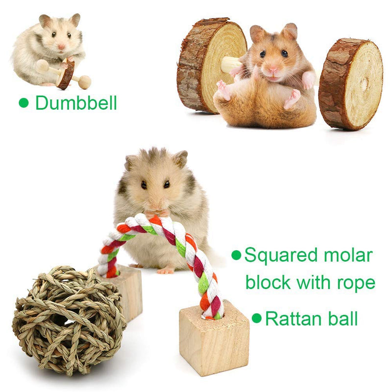 NGwenyicanI Hamster Chew Toys, 10 Pack Natural Wooden Pine Guinea Pigs Rats Chinchillas Toys Accessories Dumbells Exercise Bell Roller Tee - PawsPlanet Australia