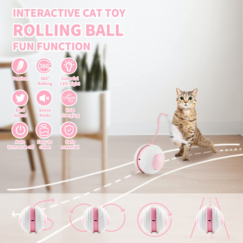 COPOL Interactive Cat Toy, Cat Toys for Indoor Cats, Automatic Cat Toy with Replace Feather/LED Light/ Bird Chirping，Electric USB Charging 360°Self Rotating Ball, Kitten Feather Toys(Pink) - PawsPlanet Australia