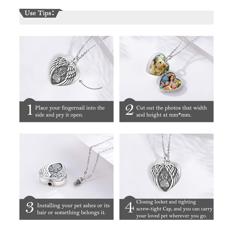 Eusense Sterling Silver Pet Cremation Jewelry Pet Urn Necklace for Dogs Cats Ashes Keepsake Paw Heart Locket Necklace That Holds Pictures - PawsPlanet Australia