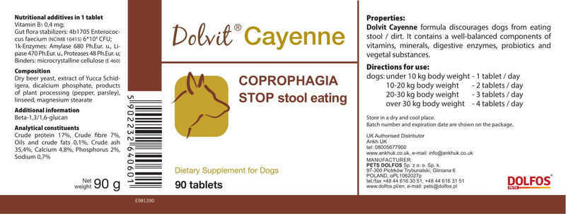 PETS Dolfos Dolvit Cayenne - Coprophagia stop stool eating 90 tablets enriched with digestive enzymes and probiotics - PawsPlanet Australia