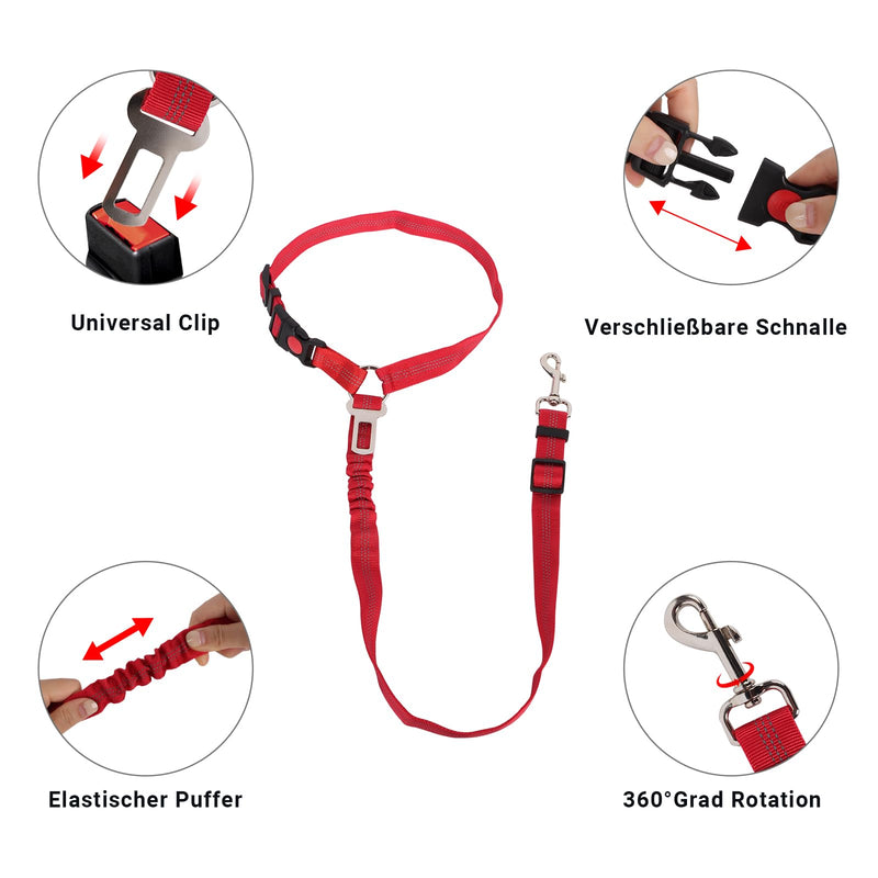 Lollanda Dog Car Seat Belt, Dog Belt for Car Seats with Reflective Strips and Buffer Ropes, Adjustable Dog Belt for Large, Medium and Small Dogs (Red) Red - PawsPlanet Australia