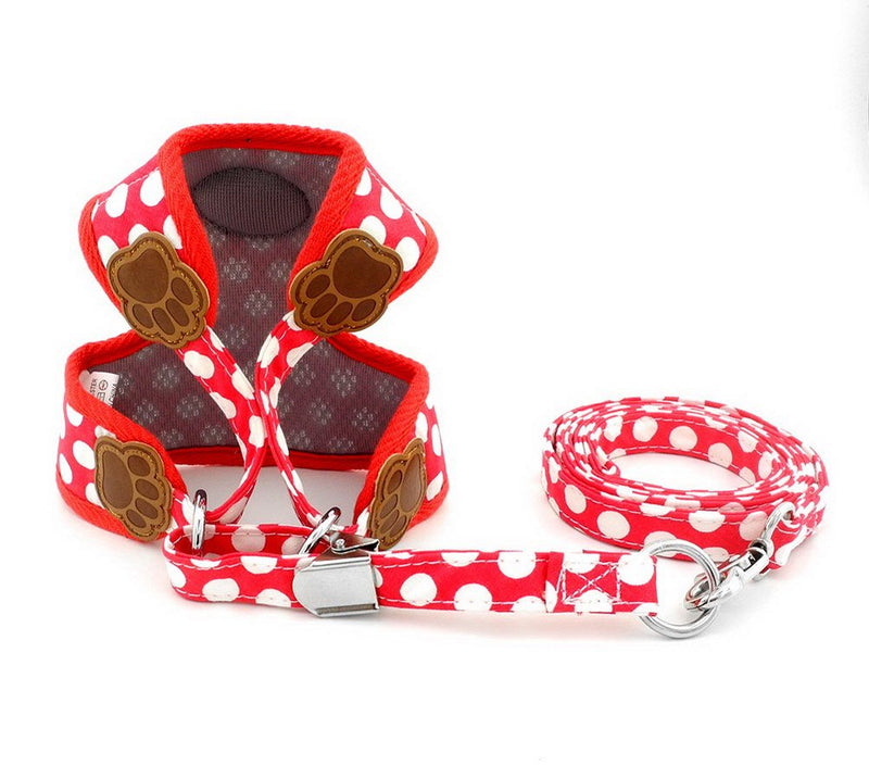 [Australia] - SELMAI Small Dog Harness Vest Leash Set Polka Dot/Camo Mesh Padded No Pull Leads for Puppy Pet Cat S Red 