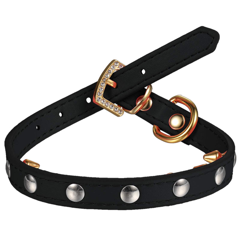 LOVPE Dog Collar/Cat Collar One Row Golden Spiked Studded Leather Pet Collars with Golden Rhinestone Buckle for Small Dog/Cat Puppy Kitty (S, Black) S - PawsPlanet Australia