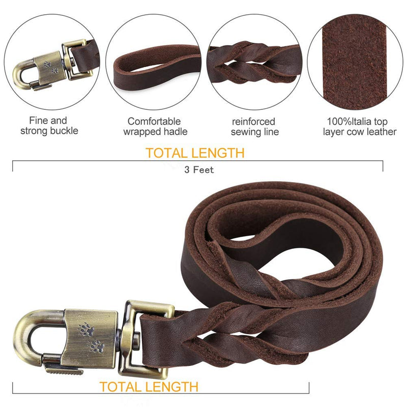 [Australia] - Oxyplay Durable Leather Pet Trainning Leads Rope for Medium Dogs or Large Dogs 1 Inch Wide and 3 ft Long Beautiful Braided Handmade Brown Leather Dog Leash 