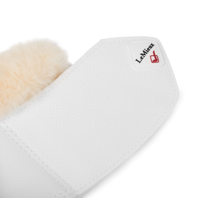 LeMieux WrapRound Lambswool Over Reach Boots for Horses in Black/Natural - PU Faux Leather - Adjustable M White/Natural - PawsPlanet Australia
