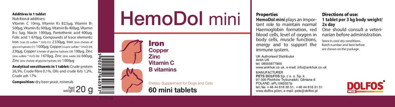 PETS Dolfos HemoDol 60 mini tablets Iron Support for Dogs and Cats with Copper Zinc B Vitamins - PawsPlanet Australia