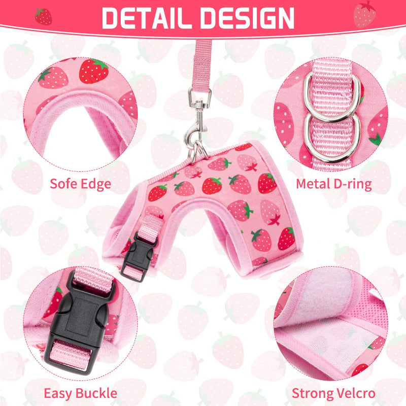 Strawberry Cat Harness and Lead Set- Escape Proof Adjustable Cute Kitty Puppy Floral Mesh Vest Harness for Walking, Pink Strawberry - PawsPlanet Australia