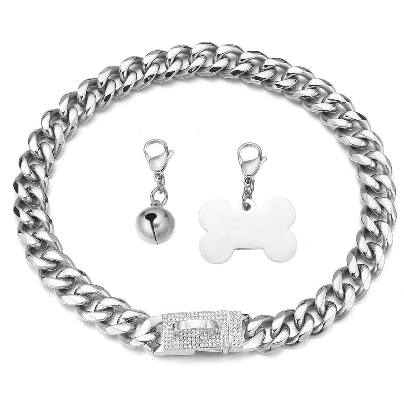 Aiyidi Dog Chain Collars Stainless Steel Silver Metal Chain Width 15mm/19mm with CZ Diamond Design Buckle Bling Dog Collar with ID Tag Dog Bell Waterproof Chewy for Dog Walking Training 10inches (for dog's neck 7~9inches) Silver,15mm wide - PawsPlanet Australia
