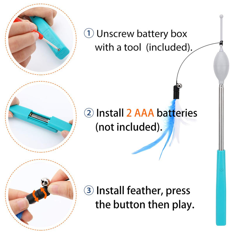 [Australia] - Pawaboo Electric Cat Feather Teaser Wand Toy, Adjustable Feather Cat Toy Wand Interactive Design with Easy One-Button Operation and Telescopic Rod Durable & Lightweight, Blue + Brown + Red 