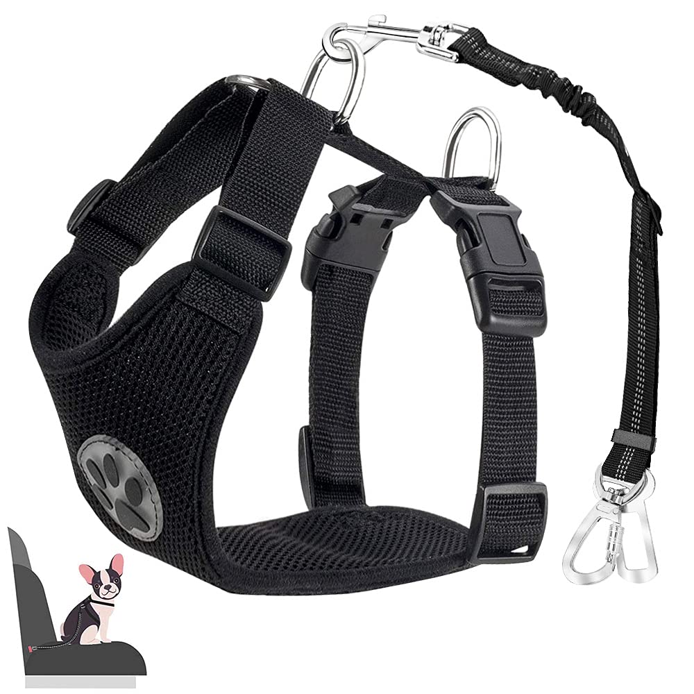 Eyein Dog Harness with Seat Belt for Car, 2 Carabiner Hooks - Connected to Seat Belt Buckle, Child Safety Seat or Trunk, Adjustable Breathable Harness (Black, M) Black - PawsPlanet Australia