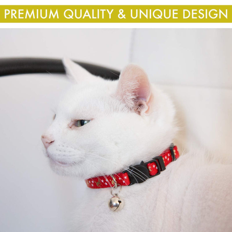 Upgraded Version - Cat Collar Stars and Moon, 4-Pack, Reflective with Bell, Solid & Safe Collars for Cats, Nylon, Kitty Collars, Pet Collar, Breakaway Cat Collar, Free Replacement Black, Red, Blue, Purple - PawsPlanet Australia