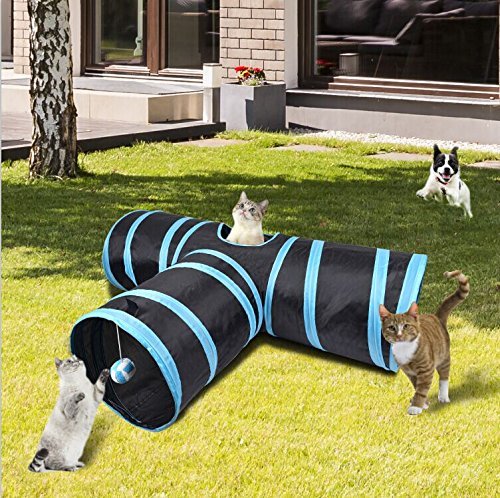 Creaker 3 Way Cat Tunnel, Collapsible Pet Toy Tunnel Ball Cat, Puppy, Kitty, Kitten, Rabbit Blue - PawsPlanet Australia