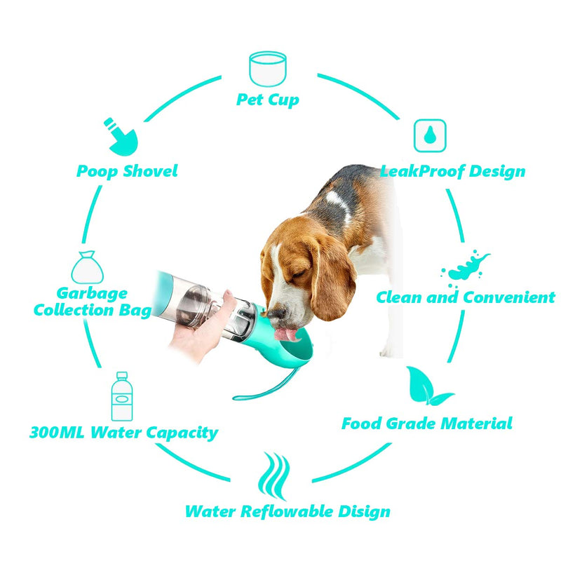 Browfin 4 in 1 Dog Water Bottle, Pet Portable Water Bottle with 300ML Water Tank, Dog Food Storage, Poop Shovel & Garbage Bag, Leak Proof Button Design, Lightweight & Portable for Travel, Camping - PawsPlanet Australia