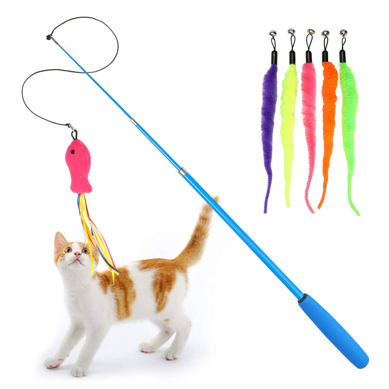 Toozey Cat Toys Pack of 16, Cat Toys with 2 Retractable Interactive Cat Fishing Rods and 14 Pieces Feather/Bug/Fish Replacement with Bells, Bonus Storage Bag Blue Storage Bag Set - PawsPlanet Australia