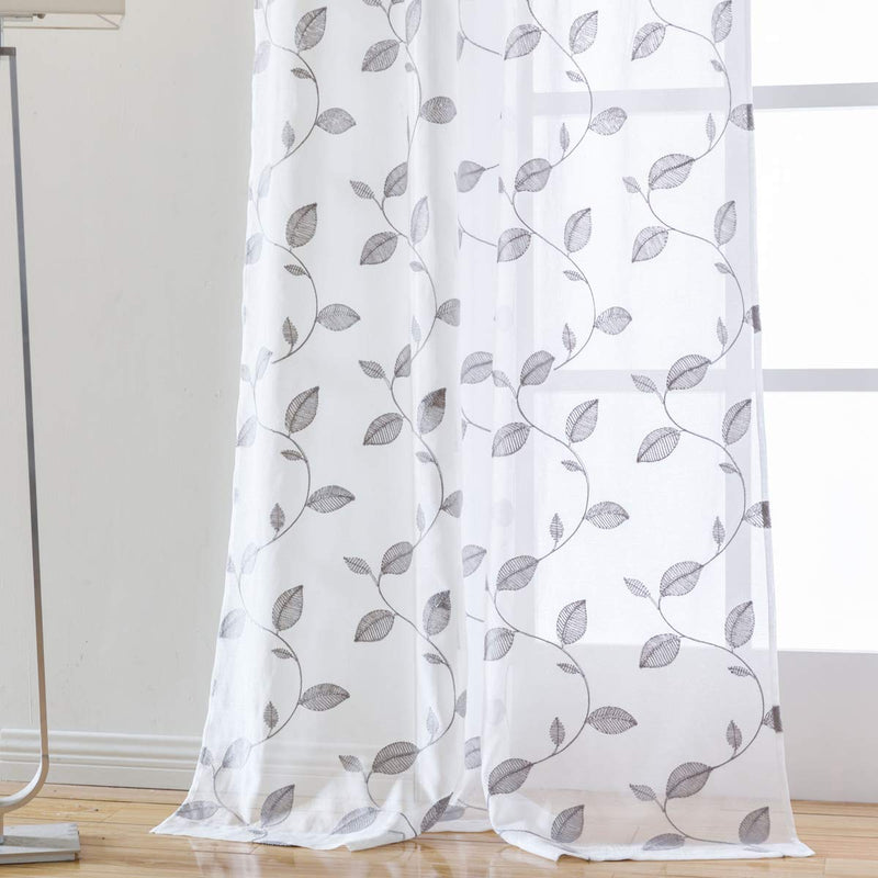 Taisier Home Sheer Curtains for Living Room Grey Leaf Embroidered Grommet Top Window Curtain Drapes Botanical Geometric Embroidery Semi-Sheer Curtains for Bedroom 2 Panels 63 inch A-grey Leaves 52×63 - PawsPlanet Australia