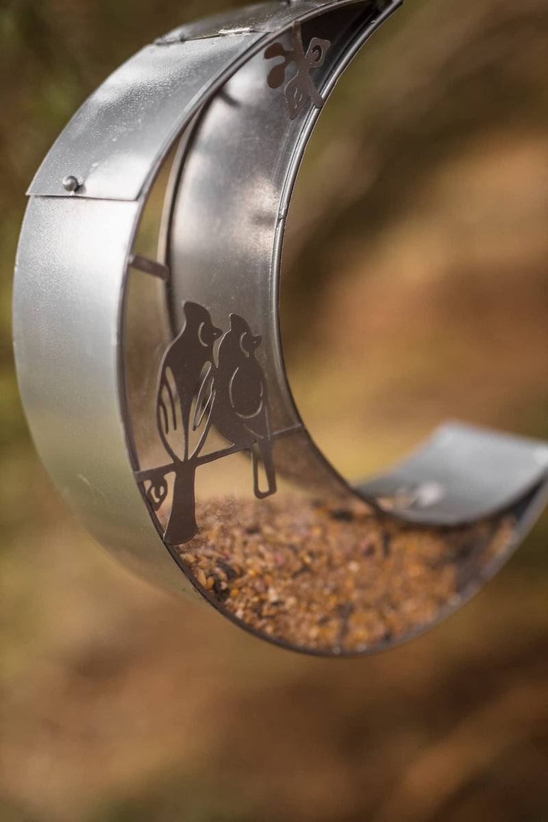 Garden Mile Silver Half Moon Hanging Bird Seed Nut Feeders Mounted Outdoor Garden Feeding Station Wild Birds Food Treat Feeder Weatherproof Metal Novelty Feeder - PawsPlanet Australia