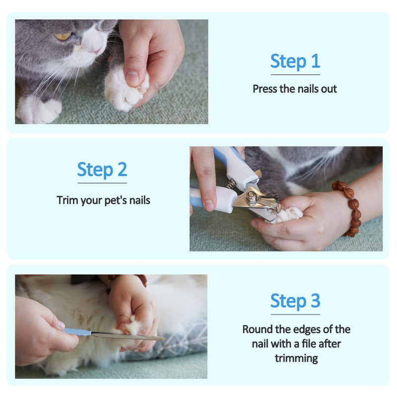 Luccalily Cat Nail Clipper with Safety Guard, Pet Nail Clipper and Claw Trimmer to Avoid Over-Cutting Stainless Steel for Cats Dogs, Free Nail File and Comb Blue - PawsPlanet Australia