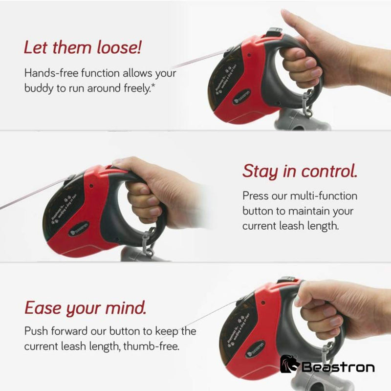 [Australia] - Beastron Heavy Duty Retractable Dog Leash/16' Extra Long Nylon Ribbon Walking Tangle-Free Leash for Medium to Large Dogs up to 110lbs, One Button Break and Lock, Dog Waste Bag and Dispenser Included Red 