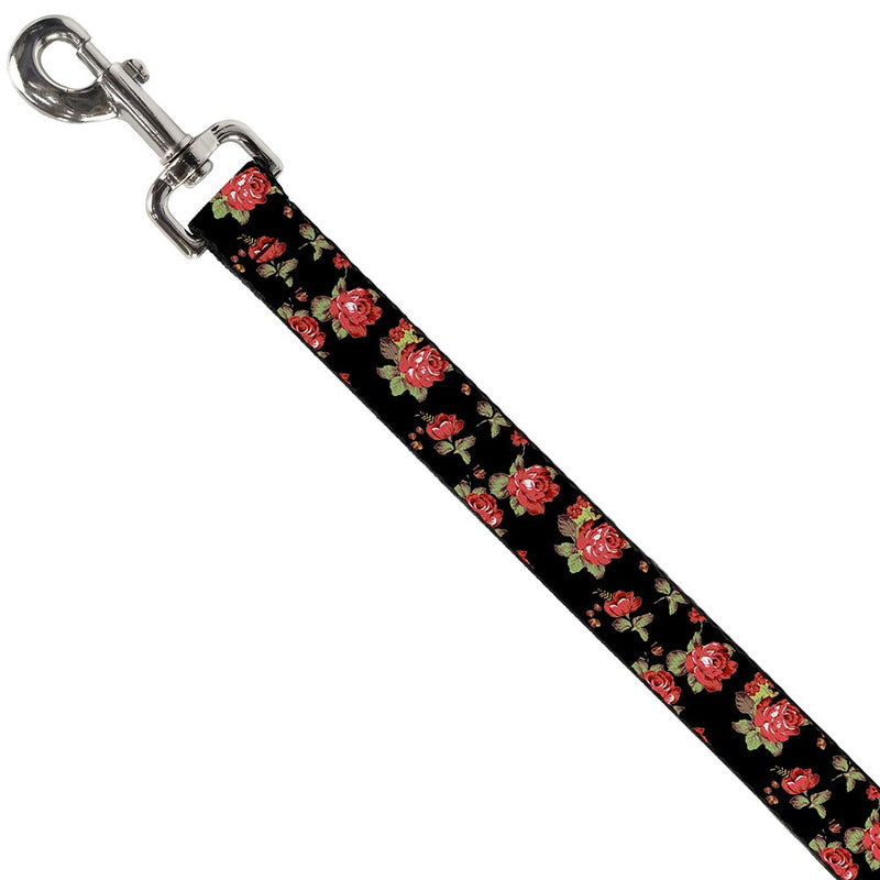 [Australia] - Buckle-Down Dog Leash Red Roses Scattered Black Available in Different Lengths and Widths for Small Medium Large Dogs and Cats 4 Feet Long - 1" Wide 
