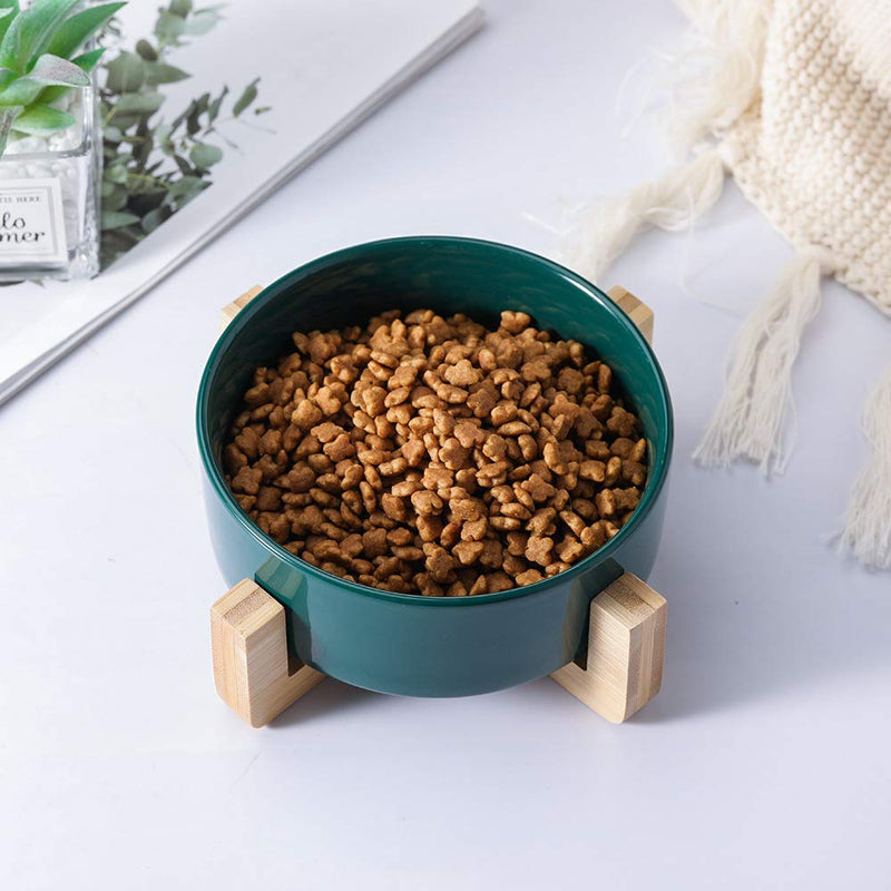 Green 5 inch Ceramic Cat Bowl with Wood Stand No Spill Pet Food Water Feeder Cats Small Dogs Green - PawsPlanet Australia