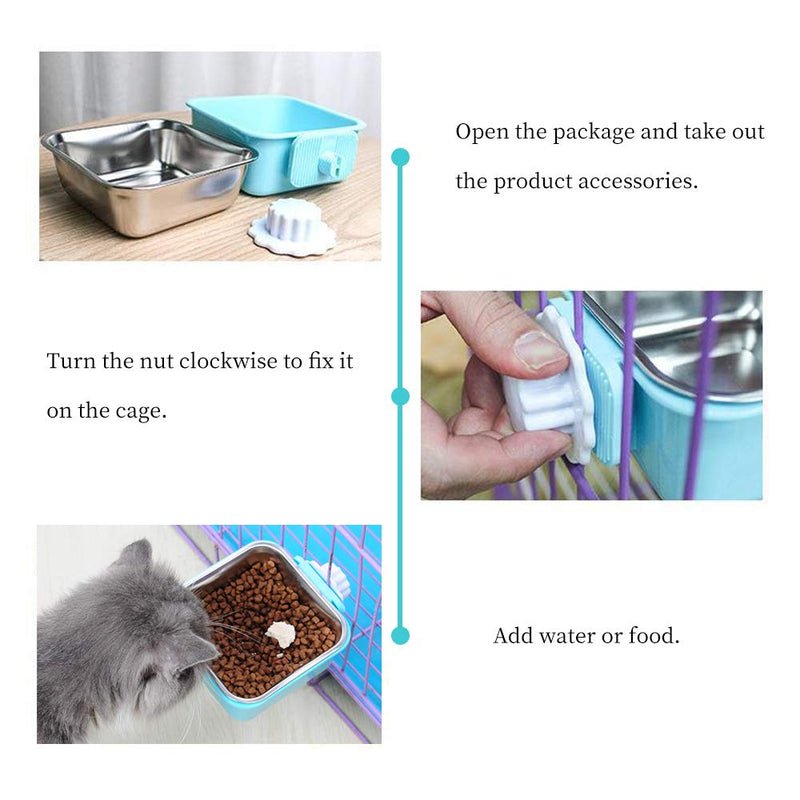 Andiker 2-in-1 Pet Hanging Bowl for Crates & Cages, Plastic Square Dog Water Bowls, Durable Removable Stainless Steel Food Puppy Feeder for Cat, Rabbit, 2 Sizes (blue, S) blue - PawsPlanet Australia