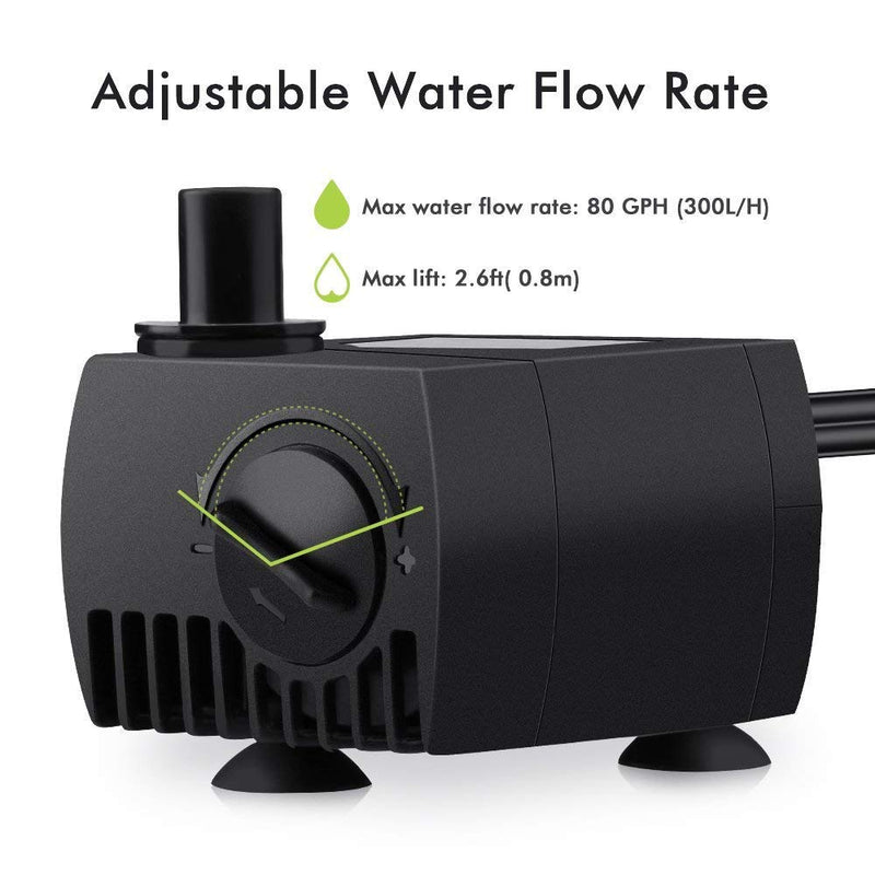 [Australia] - VicTsing 80 GPH (300L/H, 4W) Submersible Water Pump for Pond, Aquarium, Fish Tank Fountain Water Pump Hydroponics with 5.9ft (1.8M) Power Cord (Black) 