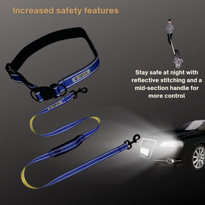 Uniqpals Hands Free Dog Leash for Medium to Large Dogs | 5 Feet Dog Leash for Walking, Running, Hiking with Heavy Duty Adjustable Waist Belt, Padded Handles, Reflective Stitching, and Carrying Bag Blue/Yellow - PawsPlanet Australia