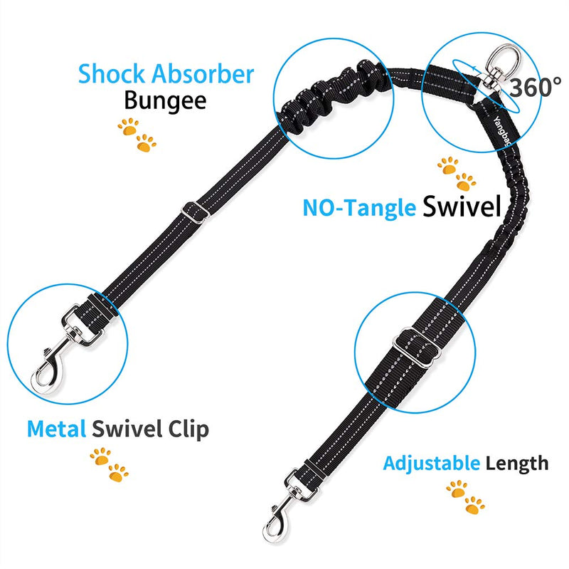 Yangbaga Double Lead Adjustable 360° Rotatable Dog Lead for 2 Dogs - Reflective Elastic Lead for Walking Training Jogging - for Small Medium and Large Dogs (Small, Black) - PawsPlanet Australia