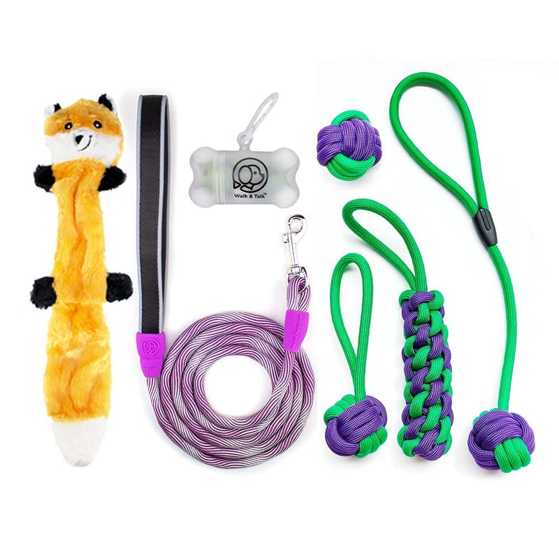 Walk & Talk, 6 Feet Dog Leash Durable Rope Cover and Comfortable Handle Reflective Tape, Poop Bags, Dispenser Plastic Carabiner Clip and 4 pcs Rope Toy, Suitable Small & Medium Dog (Purple Leash) Purple Leash - PawsPlanet Australia