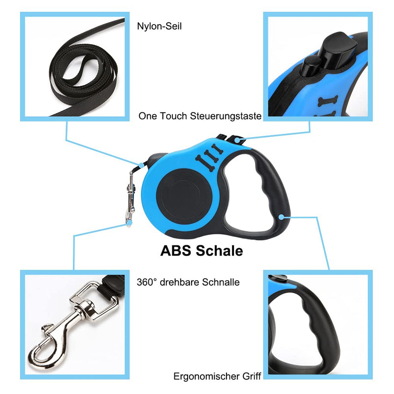 Dog leash, retractable dog leash, extendable dog leash, for small, medium and large dogs, blue, 5 m - PawsPlanet Australia