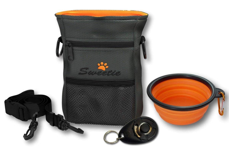 Dog Treat Pouch Bag with Poop Bag Holder & Collapsible Travel Food Storage Water Pet Bowl - FREE Doggie Clicker - Puppy Training Walking Bag with Built-In Poo Waste Bags Dispenser - Adjustable Belt - PawsPlanet Australia