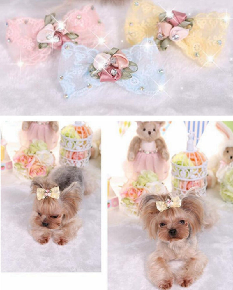 Bling Rhinestone Luxury Pet Puppy Dog cat Hairpin Hair Bows tie Dog lace Hair Clips Pet Dog Grooming Pet Hair Accessories Pack of 2 Yellow - PawsPlanet Australia