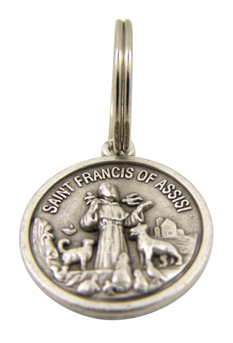 Silver Tone Base Metal Catholic Saint Francis of Assisi Patron Saint of Animals Protect My Pet Medal Pendant Charm on Split Ring for Dog or Cat Collars, 1 3/4 Inch (Long) - PawsPlanet Australia