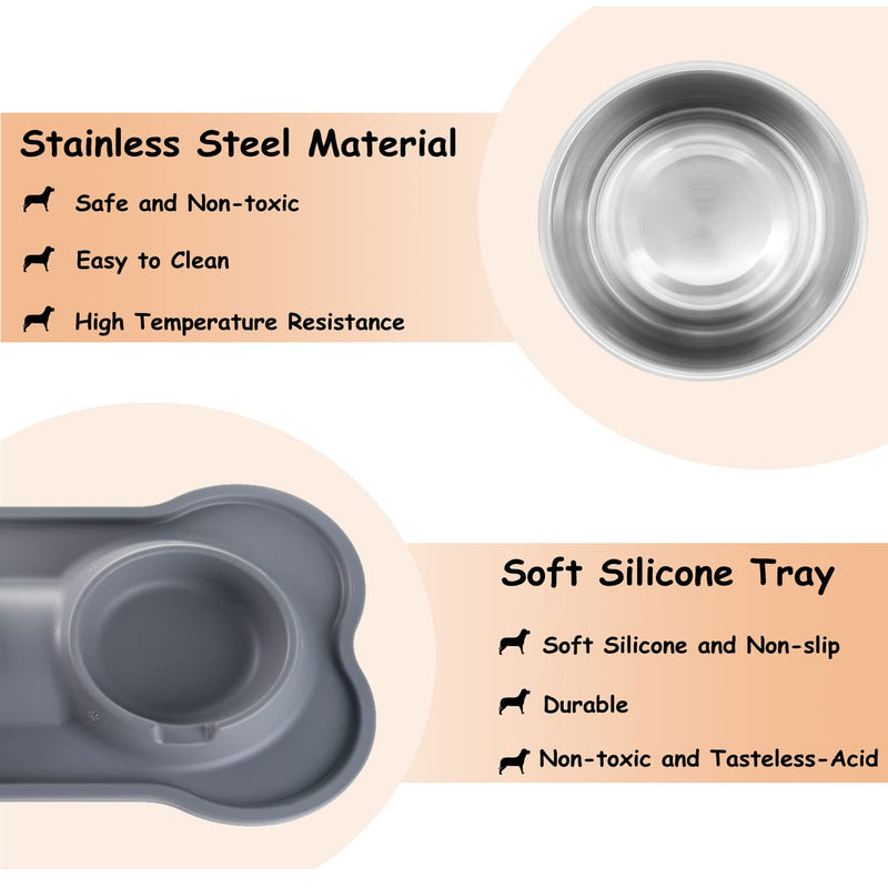 YOKA Newest Dog Bowls, Cat Bowl - Non Slip Stainless Steel Double Bowls with Non-Spill Silicone Mats Tray with Groove for Cats Dogs Puppies Food Water Feeding (M 14oz /400ml Each Bowl, Gray) - PawsPlanet Australia