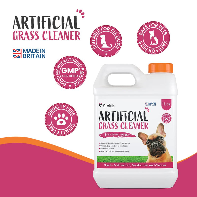 Pawbits Artificial Grass Cleaner For Dogs & Pets 1L – Super Concentrated make 30L of Disinfectant & Deodoriser for Dog & Pet Urine, Deposits, Moss and Algae - Grass Scented Lawn Odour Eliminator - PawsPlanet Australia