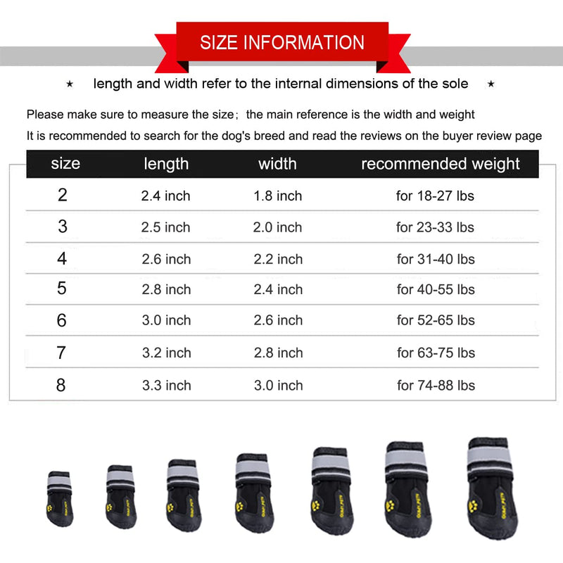 QUMY Dog Boots Waterproof Shoes for Dogs with Reflective Strips Rugged Anti-Slip Sole 4PCS/Set Black Size 2: 1.8''x2.4''(W*L) (Pack of 4) - PawsPlanet Australia