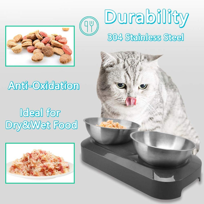 TANGN Raised Cat Feeding Bowl Stainless Steel Cat Food Dish Elevated with Non-Slip Stand, Tilted 15° Anti Vomiting Cat Bowls Designed for Kitten Puppy Pet Whisker Fatigue Dishwasher Safe (Double Bowl) Double Bowl - PawsPlanet Australia