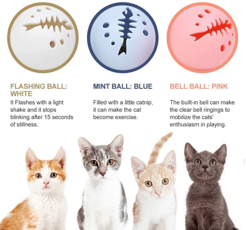 [Australia] - 3 Pack Pet Cat Ball Toys, Interactive Cat Toy, Cat Toys Balls with Flash Light Ball, Catnip Ball, Interactive Kitten Exercise Bell Ball, Blue, Pink & White Complete Gift Set Party Bundle 