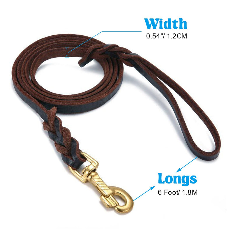 FOCUSPET Leather Dog Leash 6 ft Leather Dog Training Leash Pet Braided Dog Leash for Large Medium Leads Rope Dogs Walking&Training (1/2 Inch,Brown) - PawsPlanet Australia