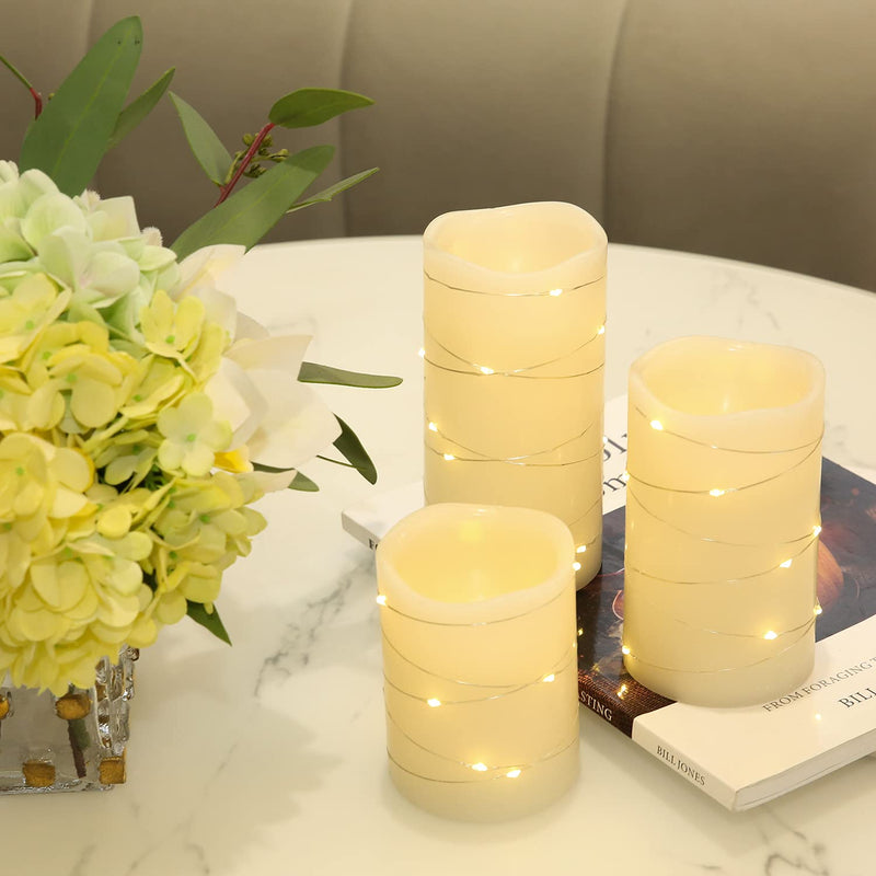 Flickering Flameless Candles Ivory Real Wax Pillar with Embedded String Lights H-BLOSSOM LED Candles Battery Operated with Cycling 5H Timer Set of 3 (3" x 4"/5"/6") (Ivory) - PawsPlanet Australia