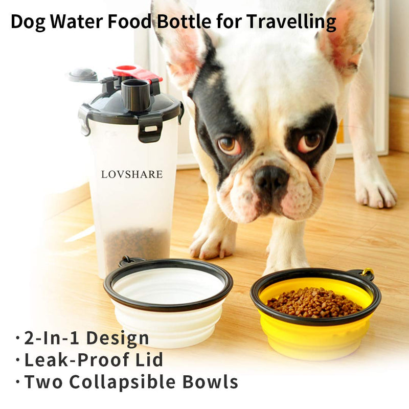 [Australia] - LOVSHARE Pets Water and Food 2-in-1 Bottle for Travelling/Hiking/Camping, with 2 folding pets Bowls/water bottle/food bottle/pets bowl for Outdoor and Water and food Dispenser Leak Proof Cup 