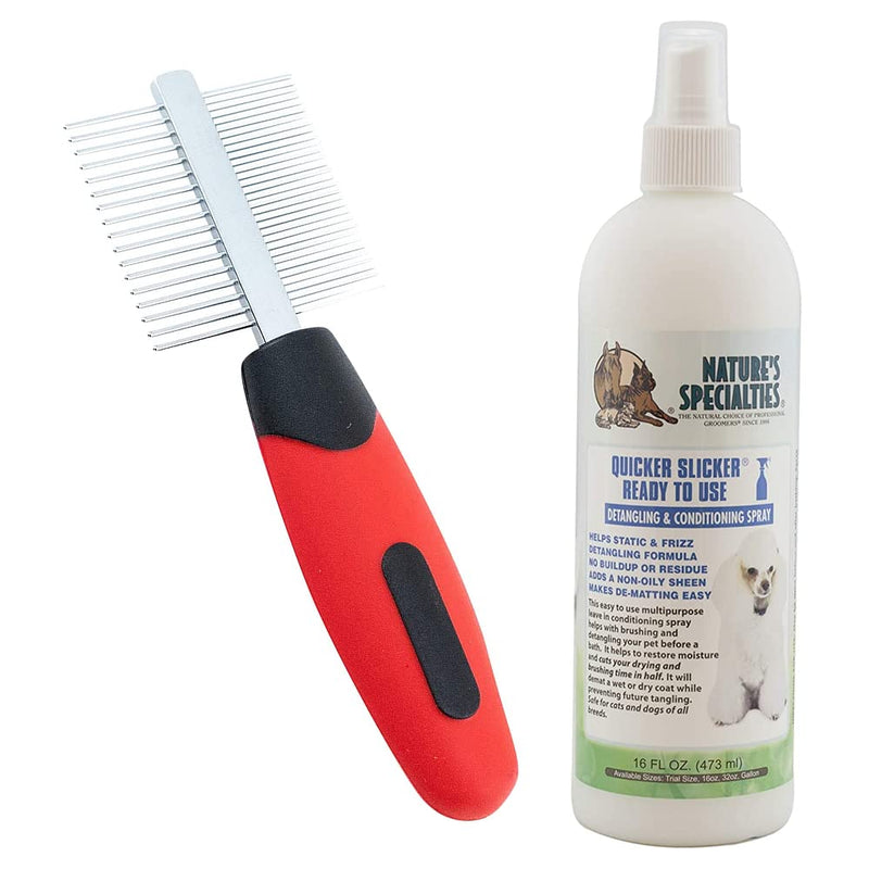 Paw Brothers Grooming Tool and Nature's Specialties Conditioning Spray Bundle - Double Sided Mini Comb, Fine/Coarse - Quicker Slicker Detangling and Conditioning Spray, Ready to Use, 16 oz - PawsPlanet Australia